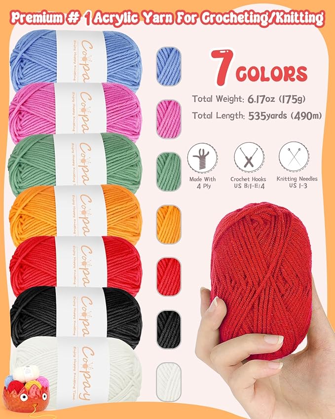 Coopay Flame Yarn Bowl for Crocheting/Knitting, Cute Yarn Storage Bowl with 7PCS Yarn, Large Size Ceramic Yarn Bowl Crochet Knitting Bowl for Beginners, Great Knitting Crochet Gift (7in)