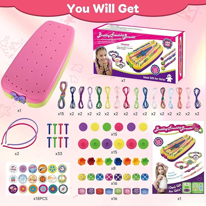 suu66 friendship bracelet making kit for kids girls 6-12 years old - diy craft kit for bracelets, headbands, keychains, creative birthday gifts - pink