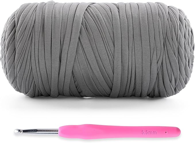 Soft T-Shirt Yarn for Crochet, T Shirt Yarns for Crocheting Crafts, Bags, Basket, Coaster, Tshirt Yarns - 400 g/130 yds with 1 Crochet Hook (1, Light Grey)