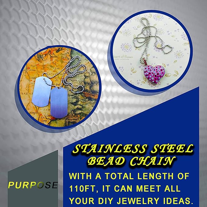 2.4mm Ball Bead Chain, Extra Long 110ft Stainless Steel Necklace Chains,Dog Tag Chain with 200 Connectors Clasps for Jewelry Chain DIY Craft Making,Men Military Keychain Jewelry Making Supplies