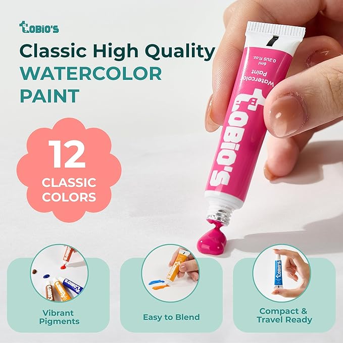 Original Tobios 12-Color Watercolor Paint Tube Refills – Artist-Grade Portable Watercolor Tubes for Travel, Painting & Creative Projects – High-Pigment Refill Set for Beginners, Students & Professional Artists