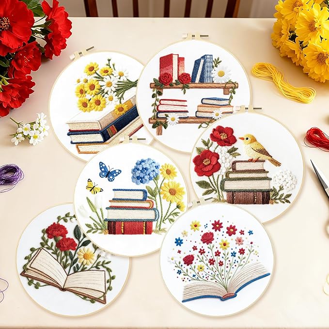 BEUNITONE Books Flowers Embroidery Kit, 6PC Literary Themed Cross Stitch Set for Book Lovers, Reading Hobby DIY Craft, Unique Home Decor Gift Idea