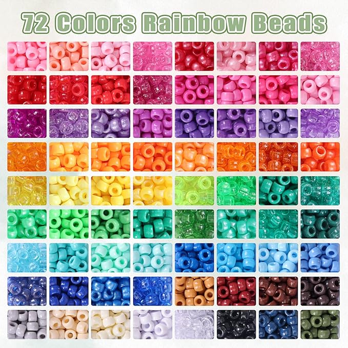 QUEFE 4700pcs, 72 Colors Pony Beads Rainbow Kandi for Bracelets Making Kit, 3600pcs 9mm Plastic and 1000pcs Letter Beads, Alphabet for Jewelry Making With Elastic Threads