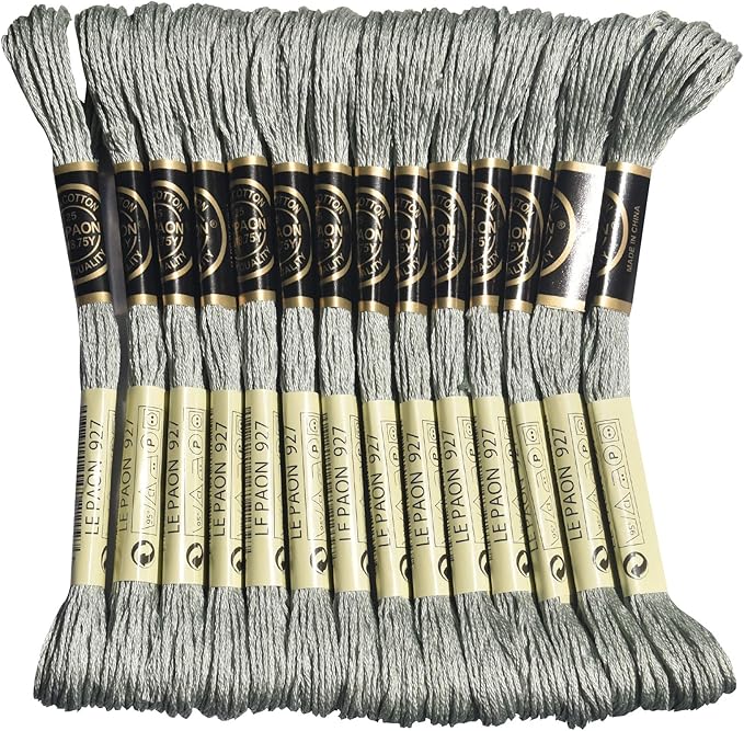 LE PAON Embroidery Floss, 14-Pack Six Strands 100% Long Staple Cotton Embroidery Thread, 8.7-Yard，Color Number：927,Light Grey Green