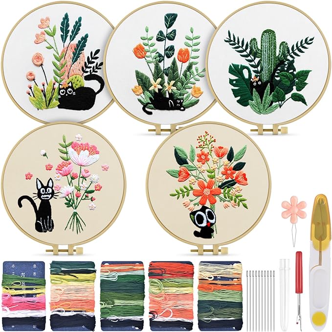 TINDTOP Embroidery Kit for Adults, Embroidery Kit for Beginners Include Embroidery Cloth Hoops Threads for Craft Lover Hand Stitch with Embroidery Skill Techniques (Black Cat)