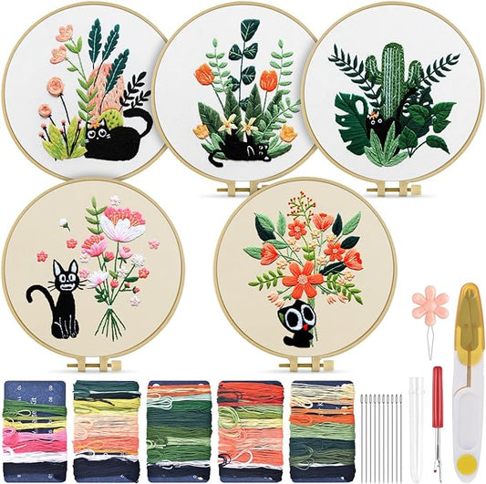 TINDTOP Embroidery Kit for Adults, Embroidery Kit for Beginners Include Embroidery Cloth Hoops Threads for Craft Lover Hand Stitch with Embroidery Skill Techniques (Black Cat)
