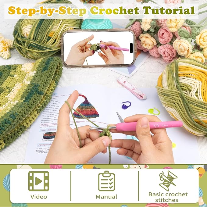 Alvian Witch Elf Hat Crochet Kit for Beginners Rainbow Crochet Beanie Kit Knitting Kit for Beginners Adults Handmade Winter Toque (Green)