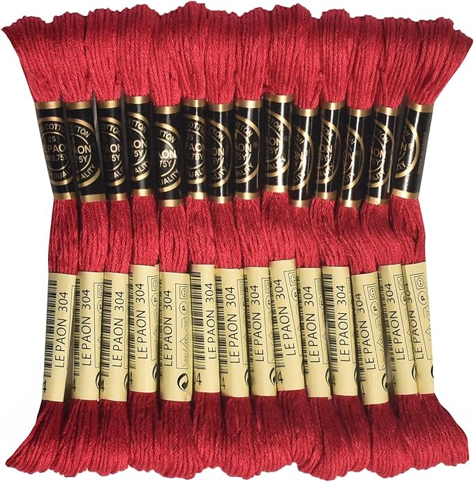 LE PAON Embroidery Floss, 14-Pack Six Strands 100% Long Staple Cotton Embroidery Thread, 8.7-Yard，Color Number：304, Medium Christmas Red