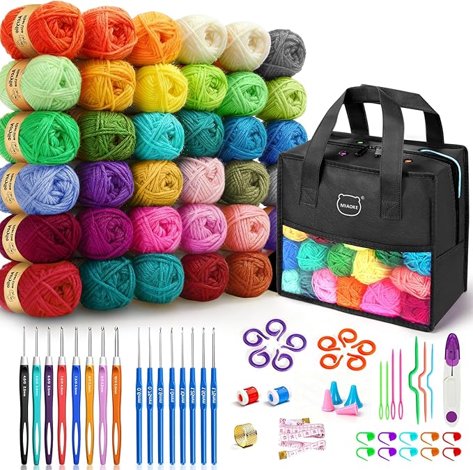 MIAOKE 90 Pcs Portable Crochet Kit with 36 Colors of Crochet Yarn, 36 Crochet Hook Accessories, 16 Crochet Hooks, A Waterproof Knitting Bag and a Storage Bag. Suitable for Beginners and Professionals