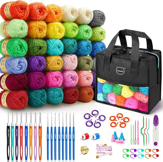 MIAOKE 90 Pcs Portable Crochet Kit with 36 Colors of Crochet Yarn, 36 Crochet Hook Accessories, 16 Crochet Hooks, A Waterproof Knitting Bag and a Storage Bag. Suitable for Beginners and Professionals