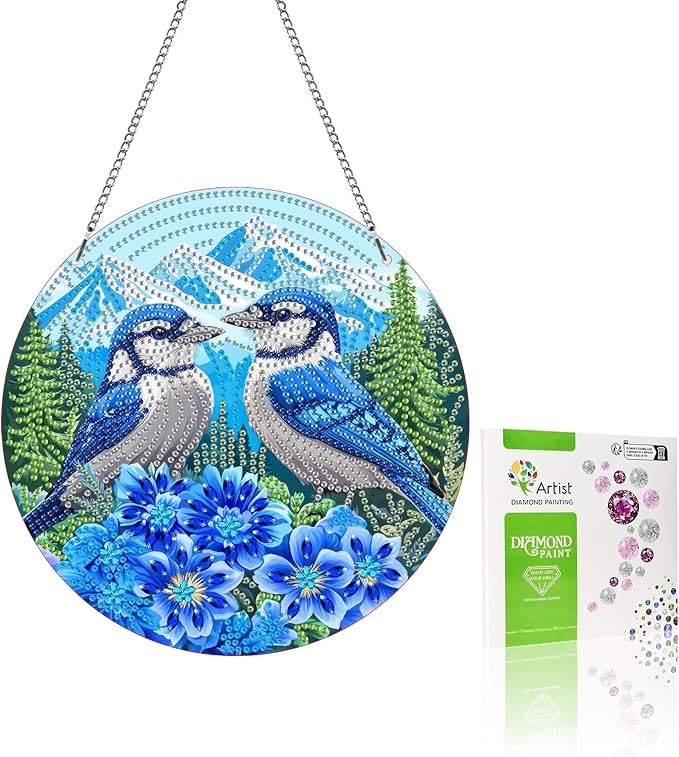 VAIIEYO Bird Diamond Art Hanging Ornament, Flower Diamond Painting Suncatchers Window Hanging Kit with Chain, 7.5x7.5 inch Crystal Pendant Art Craft for Gift Home Wall Front Door Outdoor Decoration