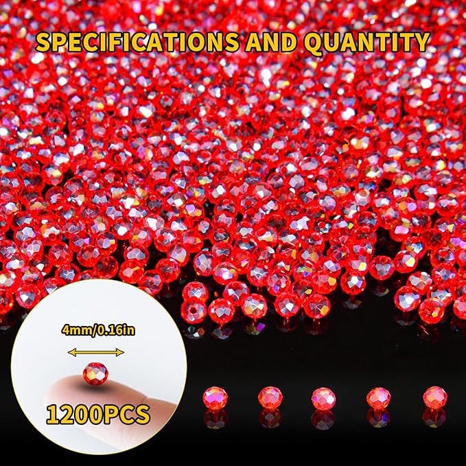 laopottbeads 1200pcs 4mm crystal glass beads for jewelry making beads for bracelets necklace pendants making supplies(red)