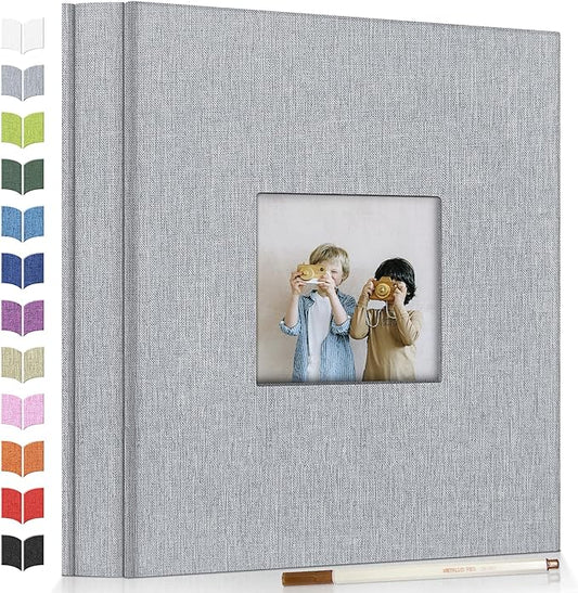 Photo Album Self Adhesive Scrapbook Album for 3x5 4x6 5x7 8x10 Pictures,40 Pages Linen Cover with Display Window DIY Photo Book,Ideal Gifts for Family Travel Wedding Baby