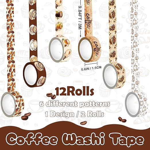 12 Rolls Washi Tape Set,6 Design Coffee Themed Decorative Tape Vintage Watercolor Brown Cafe Masking Tape for Journaling Supplies, Junk Journal, Scrapbooking, DIY Arts & Crafts, Gift Wrapping