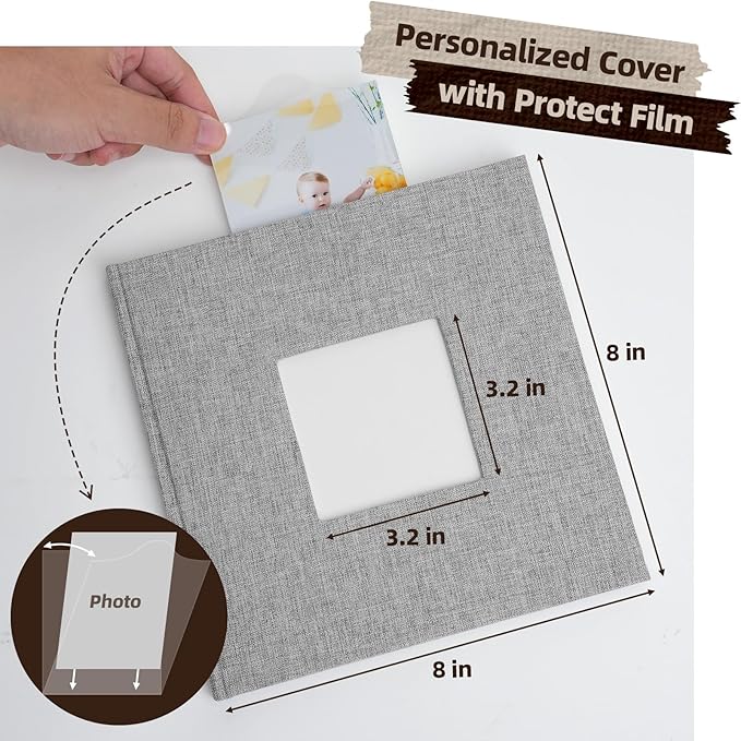 Scrapbook Album, 8"x8" DIY Photo Album with Square Window Linen Cover Kraft Paper 32 Sheets, Stylish Memory Book for Wedding, Anniversary, Family, Travel, Grey