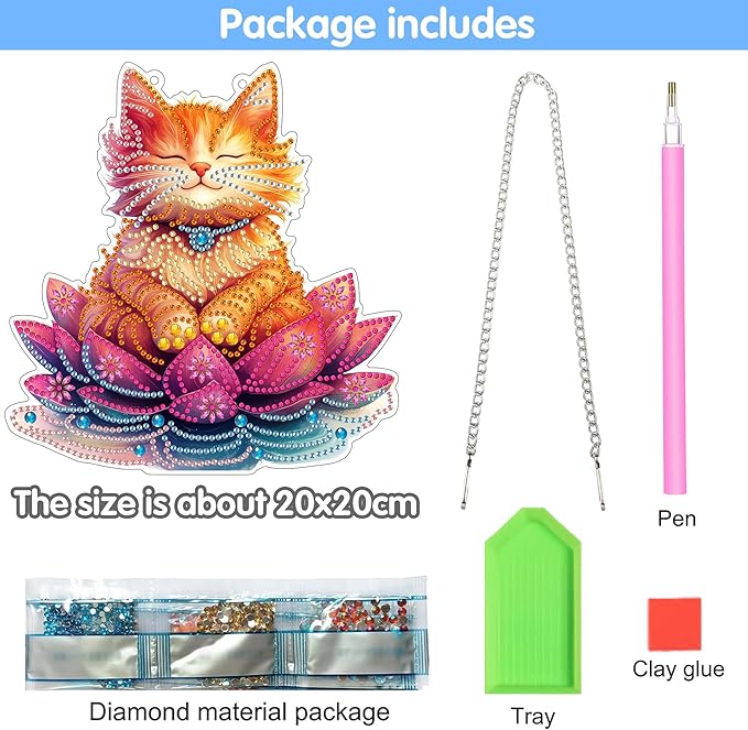 Reofrey Hanging Diamond Art Kits for Adults - 8x8 Inch Cat Acrylic Board Double Sided Pattern Diamond Art Suncatcher Pendant, DIY Crystal Art for Home Wall or Window Decoration Handmade Gift