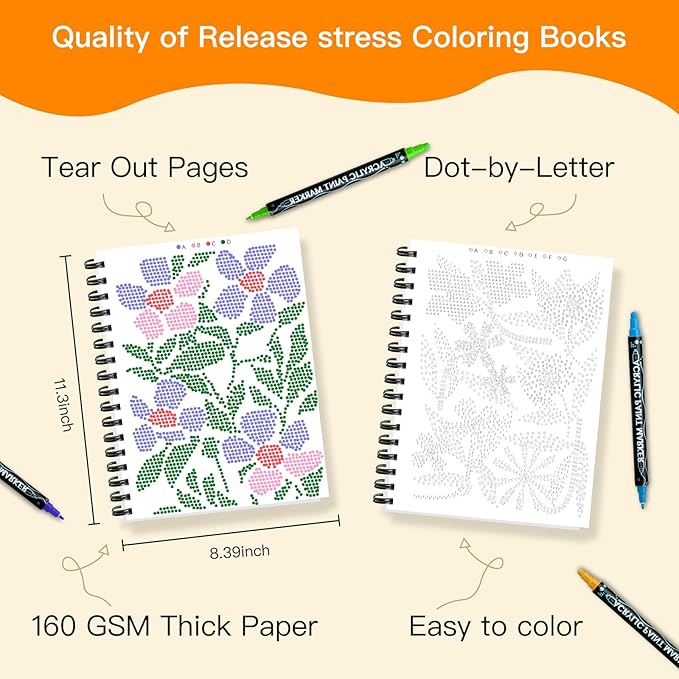 Coloring Book,Dot By Letter Art Meditations with 12 PCS Acrylic Markers,Mindfulness Adult Coloring Book-Relaxing,Anti-Stress,30 Pattern Activity Coloring Books for Adults,Dot Art for Adults-Landscapes