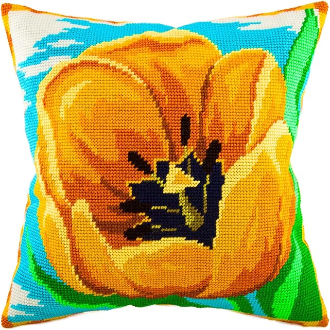 Brvsk Floral Needlepoint Kit for Adults and Beginners — Yellow Tulip 16″ × 16″ with Clear, Precise Printed Design on Cotton Canvas; Includes 2 Needles, Yarn, and Easy-Read Chart
