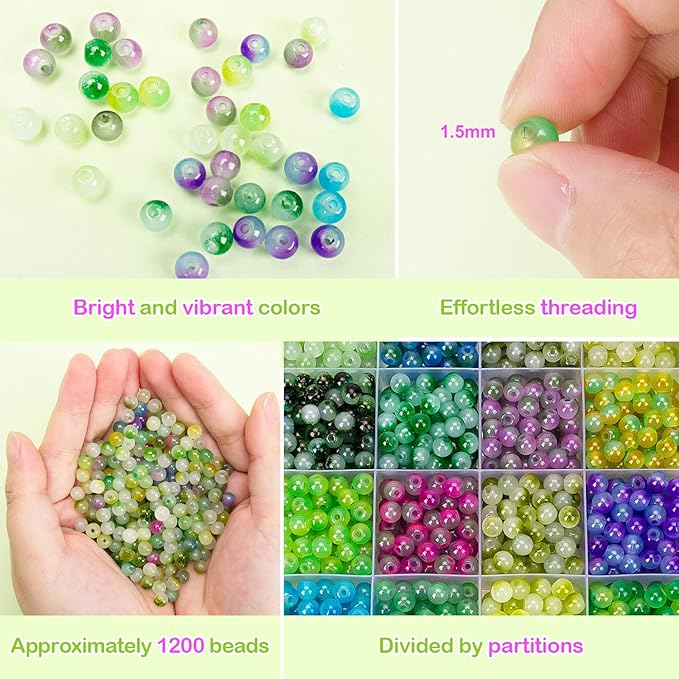 XSEINO About 1200+ pcs 6mm Glass Beads Bracelet Making Kit, 24 Assorted Green Bi-Color Fusion Series Crystal Beads for Jewelry Making, DIY Crafts, Friendship Bracelets