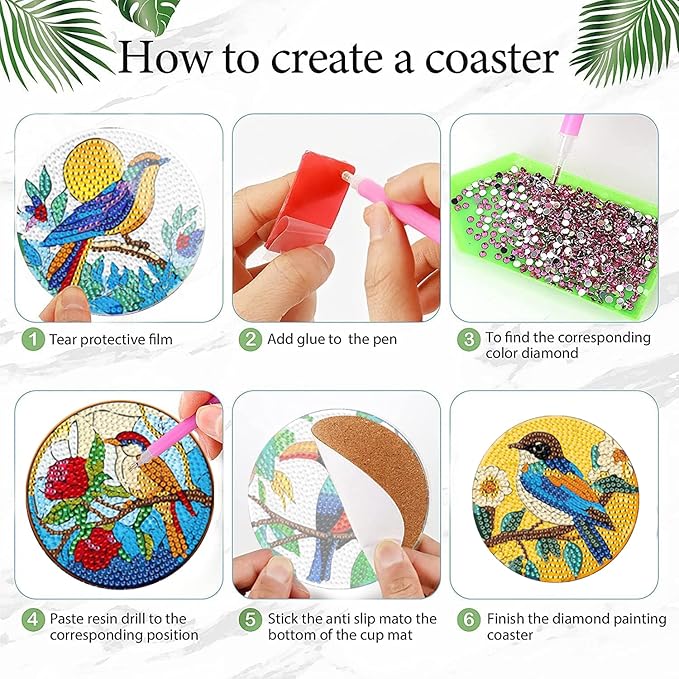 EWJRNSF 6 PCS Small Diamond Art Coasters Kits, Diamond Painting Coasters, Fall Diamond Art Kits for Adults Beginners, Arts and Crafts Item Sets with Holder for Drinks. Bird