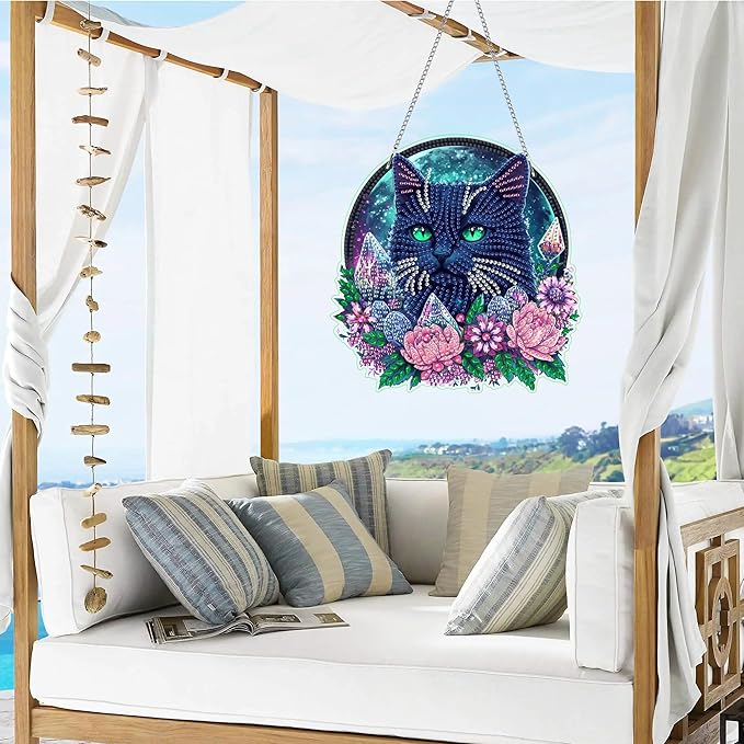 VAIIEYO Black cat Diamond Art Hanging Ornament, Animal Diamond Painting Suncatchers Window Hanging Kit with Chain, 7.5x7.5 inch Crystal Pendant Art Craft for Gift Home Wall Front Door Decoration