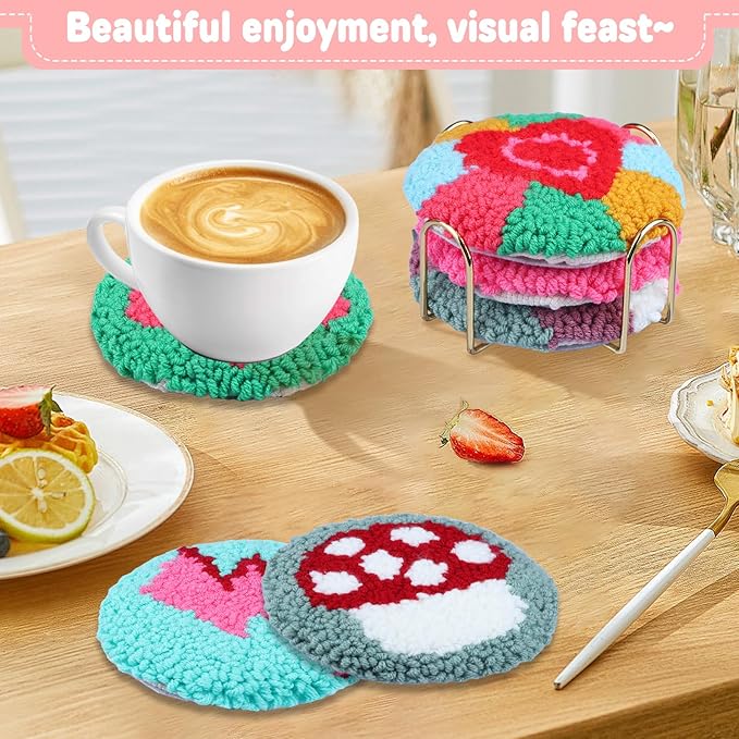 AIRDEA Punch Needle Drink Coasters Kit,Casual Punch Needle Embroidery Complete Kits for Beginner 3.29x3.29 Inches,Included All Accessories,DIY Car Coasters (red Green)