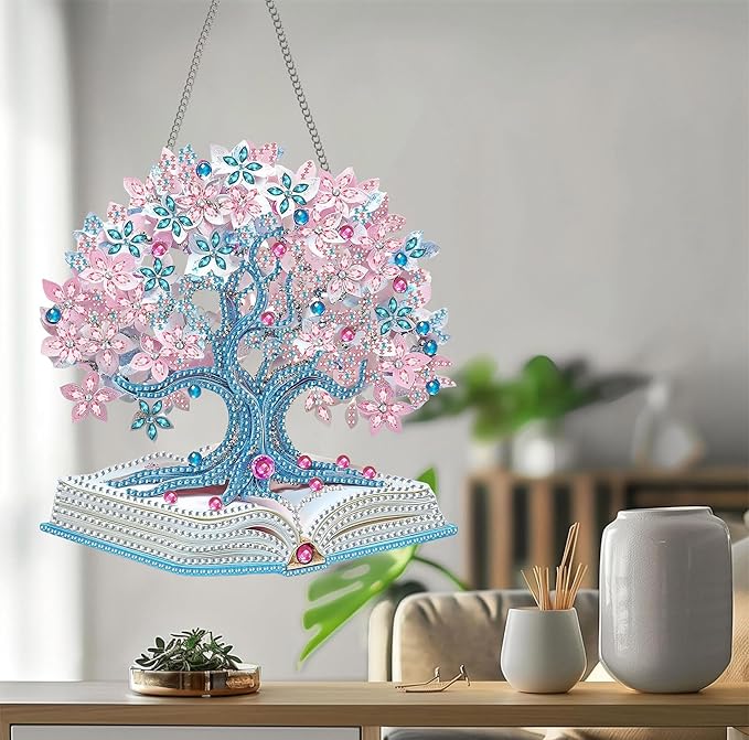 Bimkole Book Diamond Art Hanging Kit for Adult, DIY 5D Tree of Life Diamond Art Painting Window Pendant, Acrylic Crystal Art Hanging Ornament for Wall Home Garden Front Door Decor - 7.8x7.8 Inch
