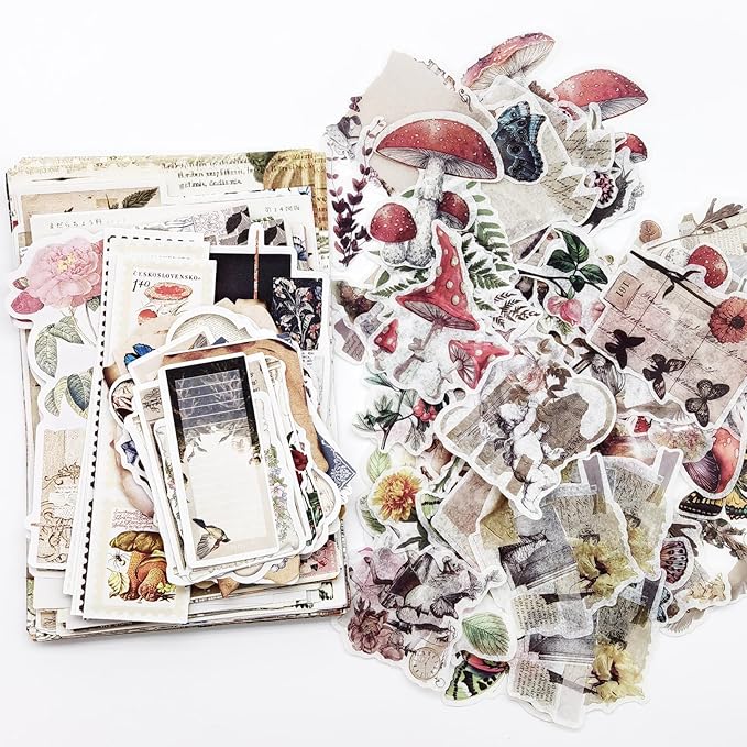 Gorofit Retro Scrapbook Supplies Kit, 200 Sheets of Mixed Natural Color Paper and Sticker Pack, Used for Diaries, Scrapbooks, Crafts, Collages, Murals, Bullet Diaries (Plants and Butterflies)