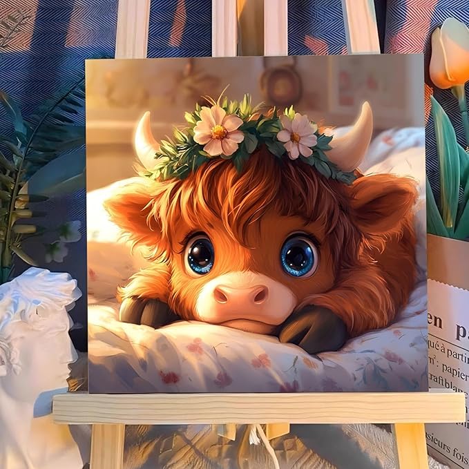 Reivworl Paint by Numbers Kit for Kids with Frame and Easel, Cow Paint by Number for Kids Age 6-8-12, Acrylic Paint by Numbers for Gifts and Home Decor (8X8 inch)