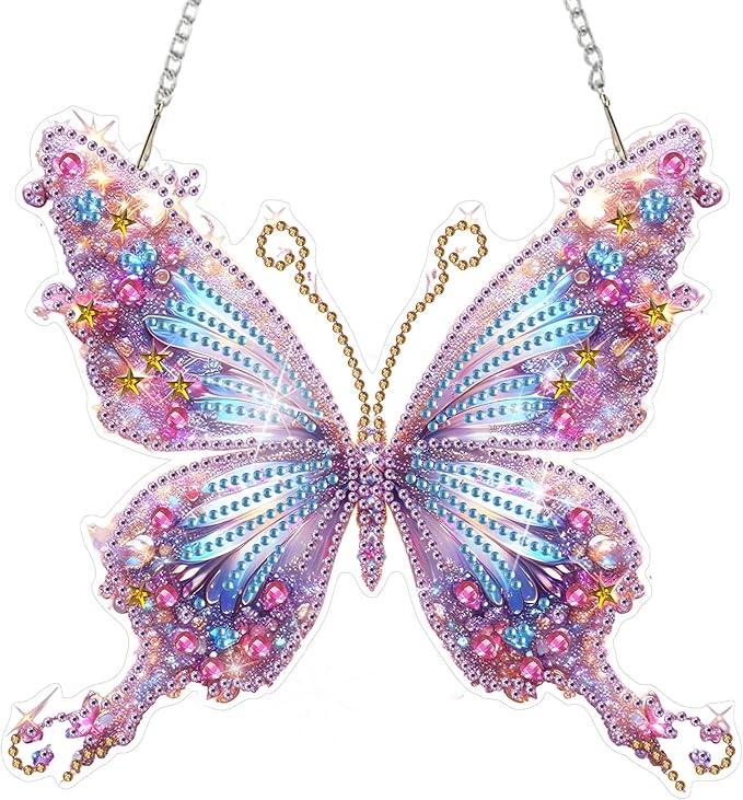 DOMROM Butterfly Diamond Art Hanging Kit for Adult, Special Shaped Rhinestone, DIY Acrylic 5D Diamond Art Painting Window Pendants, Home Wall Art Hanging Kits, Double Sided Hanging Ornament 7.7x7.3in