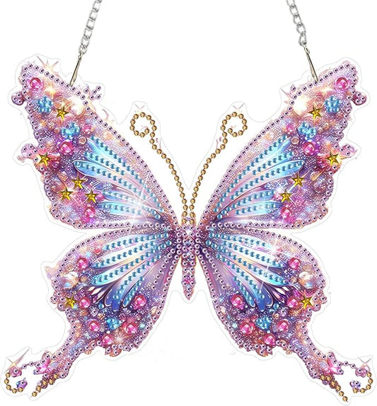 DOMROM Butterfly Diamond Art Hanging Kit for Adult, Special Shaped Rhinestone, DIY Acrylic 5D Diamond Art Painting Window Pendants, Home Wall Art Hanging Kits, Double Sided Hanging Ornament 7.7x7.3in