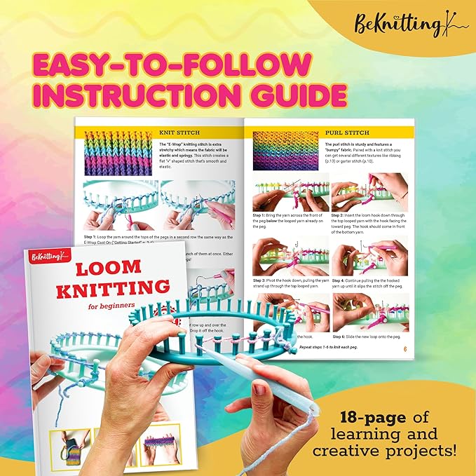 BeKnitting Loom Kit - Beginner Learn to Knit Hat, Bag and Headband for Kids & Adults | DIY Arts & Crafts w/Round Loom, Yarn, Crochet Hook, & Pen | Weaving | Holiday Gifts, Gift-Ready Box