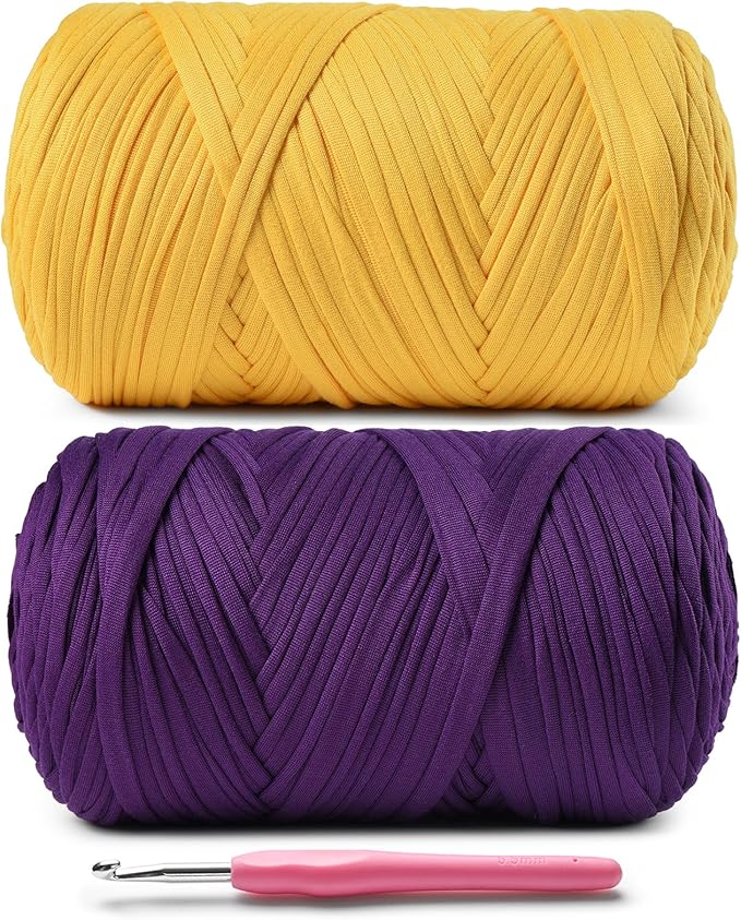 2 Pack Elastic Fabric T Shirt Yarn for Crocheting，Beginner Crochet Yarn with Polyester Spandex Blend,Total 800g/228yds Soft Tshirt Yarn for Crochet Crafts/Bags/Baskets (Golden + Violet)