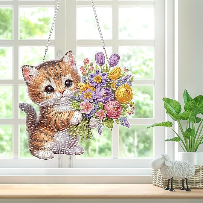 Bowetile Cat Diamond Art Hanging Kits for Adults, Diamond Art Suncatchers Flowers, 5D Special Shape Diamond Painting Pendant Window Ornament Valentine's Day Gifts for Home Wall Decor