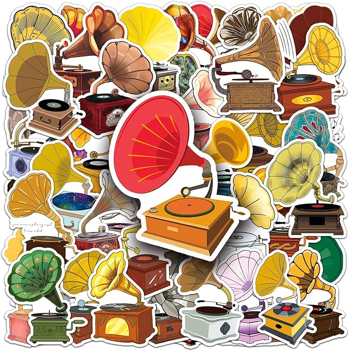 Retro Phonograph Stickers for Scrapbooking,50 Pcs Vintage Phonograph Decals, Waterproof Vinyl Stickers for Journals, Laptops, Home Decor, Ideal for Music Lovers Adults