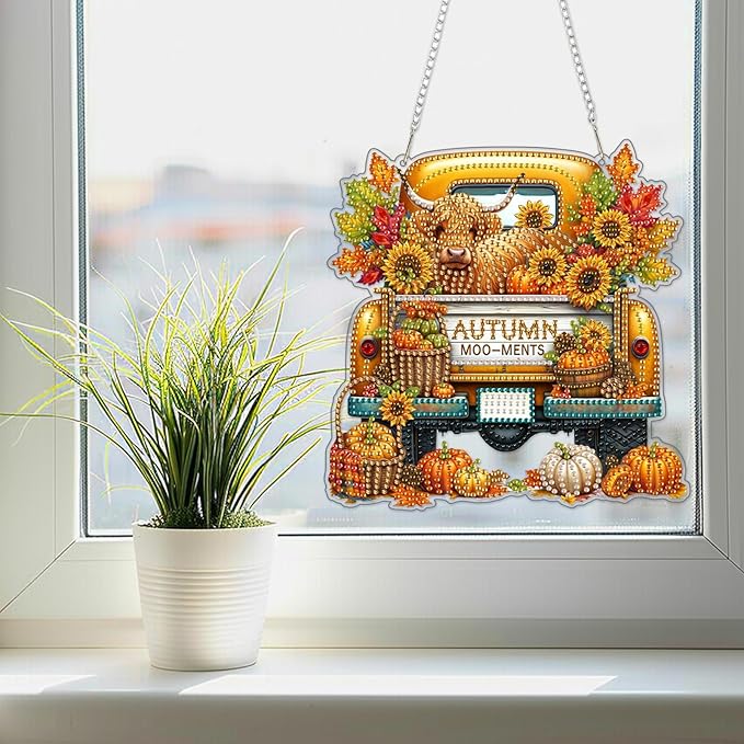 SENQAO Cow Diamond Art Hanging Kits for Adults Kids, Acrylic Diamonds Painting Pendant Board Kits, Diamond Art Painting Window Pendants Home Garden Wall Hanging Kits Hanging Ornament（Truck Sunflower）