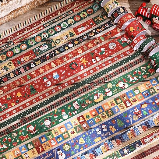 Christmas Theme Washi Tape Set, 12 Rolls Christmas Washi Tape Writable Decorative Tapes for Scrapbooking, Junk Journal Supplies, Bullet Journaling, 0.6"x79" per Roll
