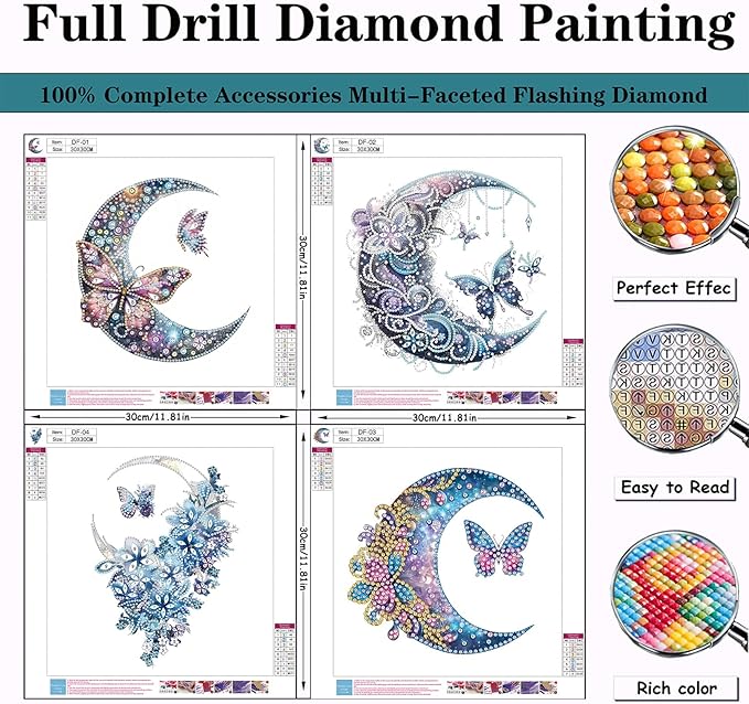 CZYWJMEI 4pack 5D Diamond Painting Kits for Adults Beginners,DIY Moon Special Shape Diamond Art Kits,Full Round Drill Diamond Dot Gem Art Kits,Home Wall Decor 12x12Inch