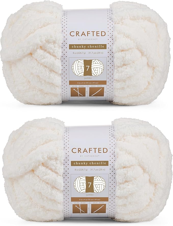 Crafted By Catherine Chunky Chenille Yarn - 2 Pack (8 oz / 227 g, 31.7 Yards Each Skein), Ivory, Gauge 7 Jumbo