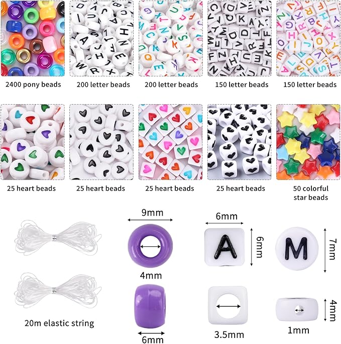 QUEFE 96 Colors 3000pcs Pony Beads Bracelet Making Kit Friendship Bracelet Kit Rainbow Kandi Beads with Letter and Heart Beads Elastic Threads for Jewelry Necklace Making