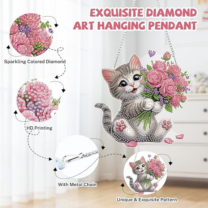 Bowetile Cat Diamond Art Hanging Kits for Adults, Diamond Art Suncatchers Flowers, 5D Special Shape Diamond Painting Pendant Window Ornament Valentine's Day Gifts for Home Wall Decor