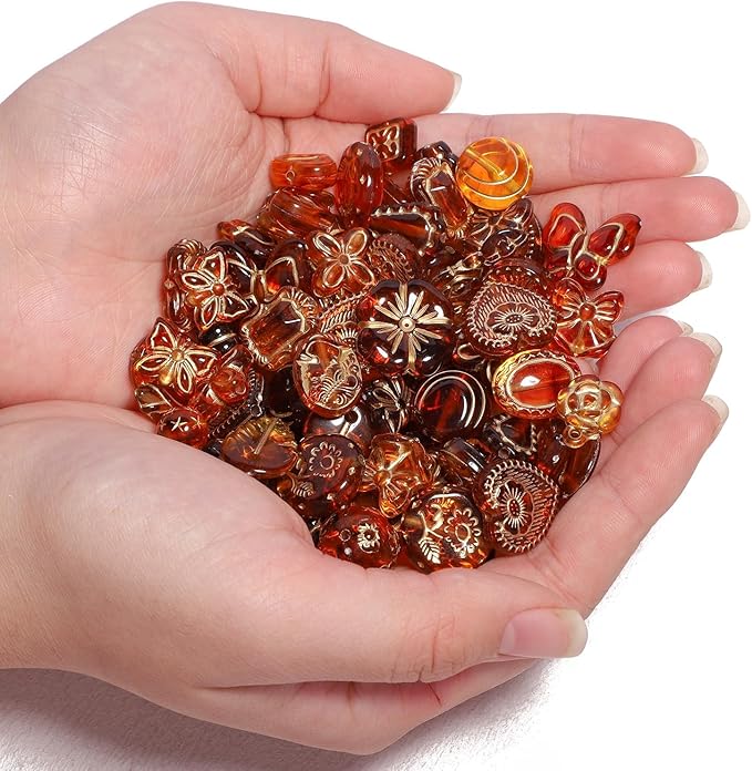7.5 OZ Assorted Vintage Acrylic Beads for Jewelry Making, Song Xi Unique Flower Rose Czech Beads for Bracelet Earrings, Bohemia Style, Bulk, Arts and Crafts, DIY Holiday Gift (240-260 PCS, Amber)
