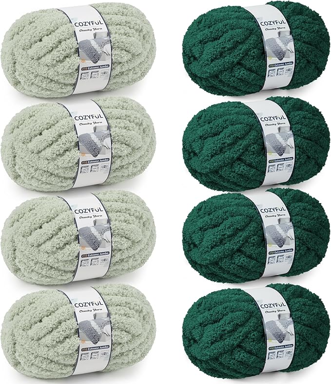 Chunky Yarn for Hand Knitting - #10 Chunky Chenille Yarn, Jumbo Big Thick Chunky Yarns for Crocheting, Super Bulky Chunky Knit Blanket Yarns, 8 Skein (25yd, 8oz/Skein), Sage & Forest