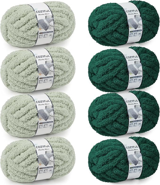 Chunky Yarn for Hand Knitting - #10 Chunky Chenille Yarn, Jumbo Big Thick Chunky Yarns for Crocheting, Super Bulky Chunky Knit Blanket Yarns, 8 Skein (25yd, 8oz/Skein), Sage & Forest