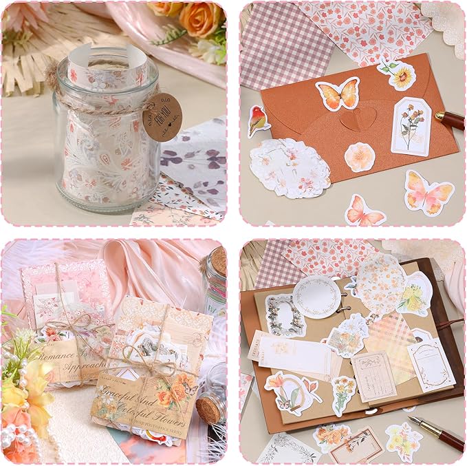 TIESOME 100pcs Vintage Floral Scrapbook Paper and Journaling Stickers Assorted Set, Memo Labels for Junk Journal Planner Collage Card Album Decor(Yellow)