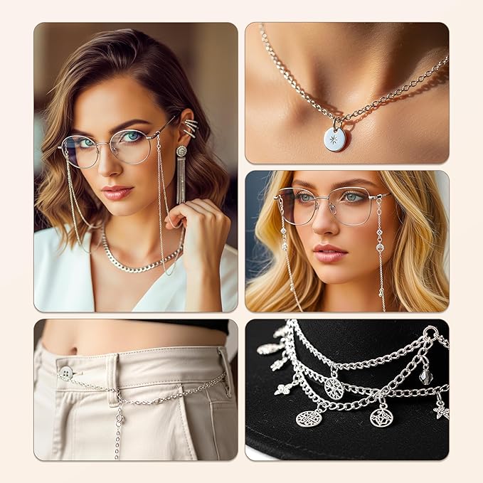 PP OPOUNT Silver Necklace Chains for Jewelry Making, 94.8 Feet 12 Rolls Stainless Steel Chain for Jewelry Making DIY Necklace Bracelet Belt Earrings with Open Jump Rings & Lobster Clasps