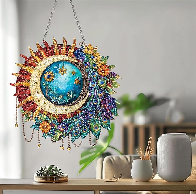 Bimkole Peacock Feather Diamond Art Hanging Kit for Adult, DIY 5D Moon Diamond Art Painting Window Pendant, Acrylic Crystal Art Hanging Ornament for Wall Home Garden Front Door Decor - 7.8x7.8 Inch