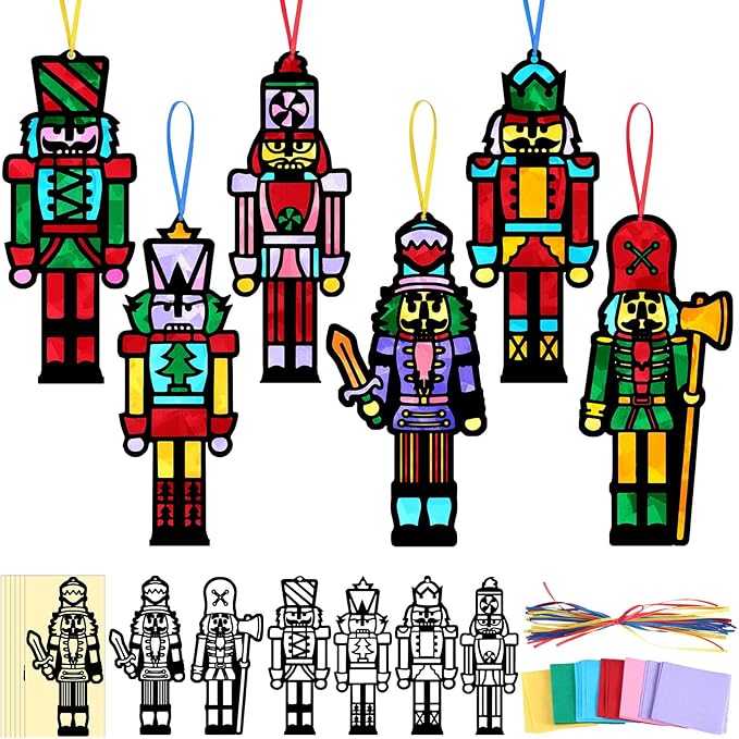 30 Pcs Christmas Nutcracker Suncatchers Paper Craft Set Xmas Nutcracker DIY Stained Glass Effect Tissue Paper Kits Gift Bulk for Xmas Christmas Activities Art Party Decor
