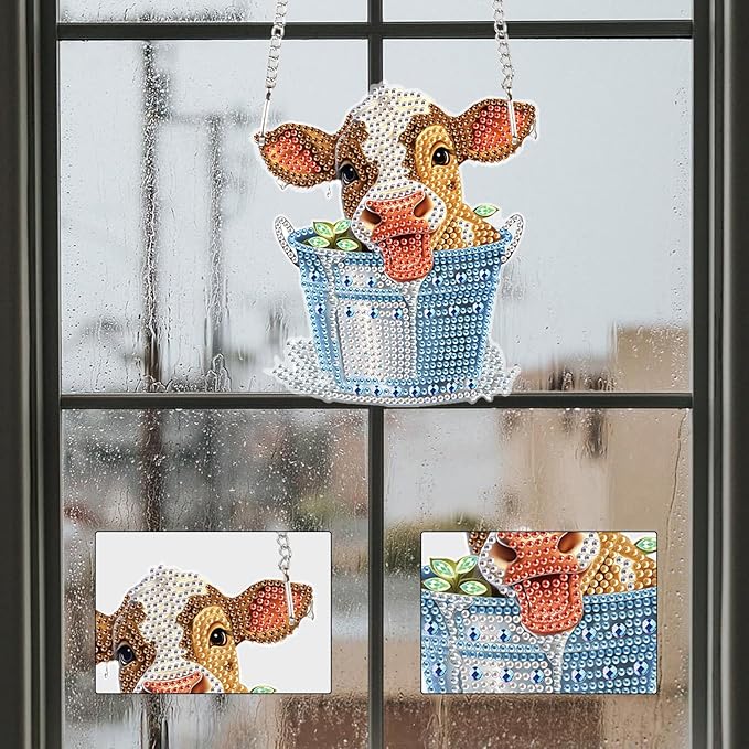 AiYuanzsh Cow in Barrel Diamond Art Hanging Pendant Kit, 5D DIY Acrylic Special Shaped Rhinestone Diamond Painting Ornament for Wall, Door, or Garden Decoration, Handmade Craft Gift for Adults