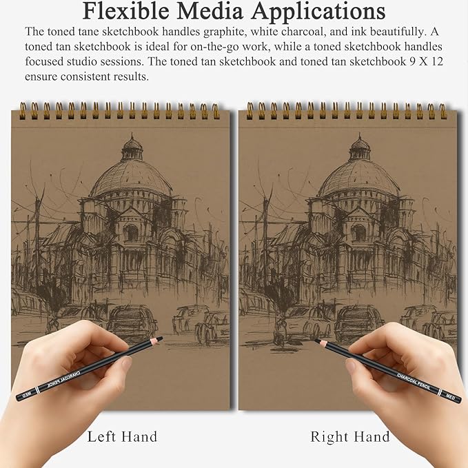 fuxi toned tan sketchbook 9x12-60 sheet acid free toned paper, professional drawing pad for artists & art students.